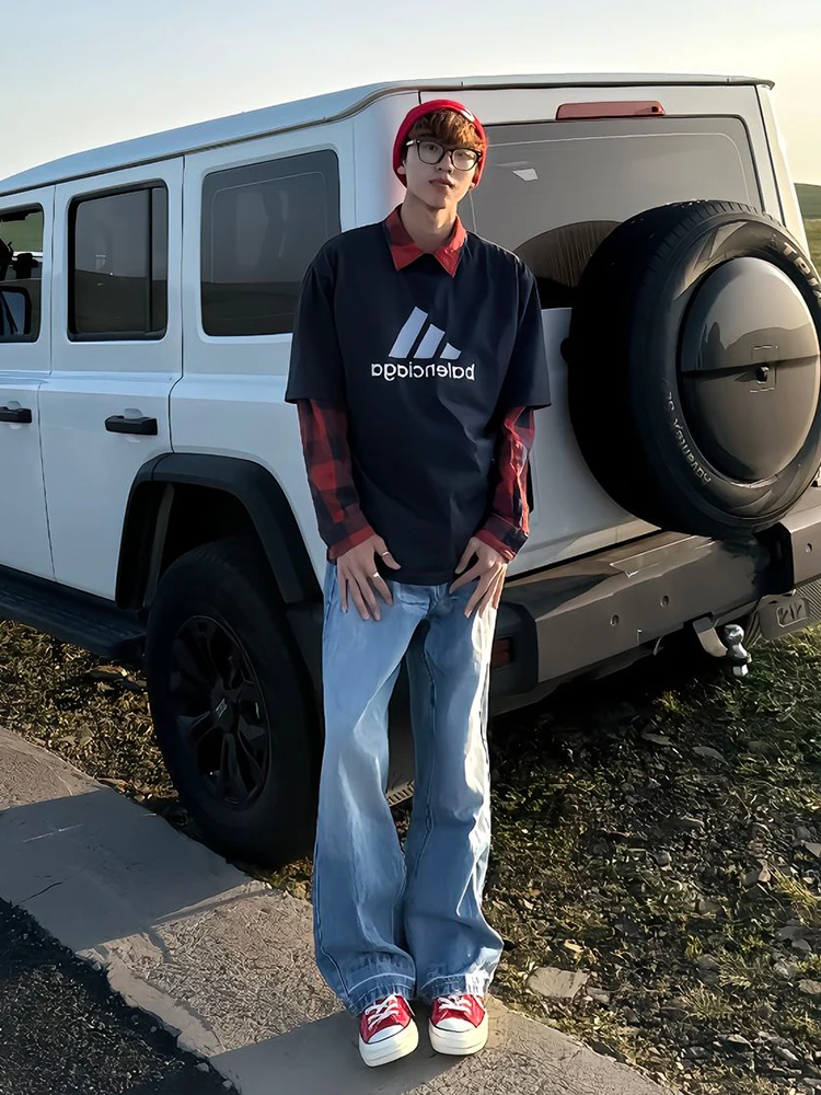 

Light Blue Thunder Pattern Bent Knife Jeans Men Summer Thin American High Street Vibe Straight Leg Flared Long Trousers