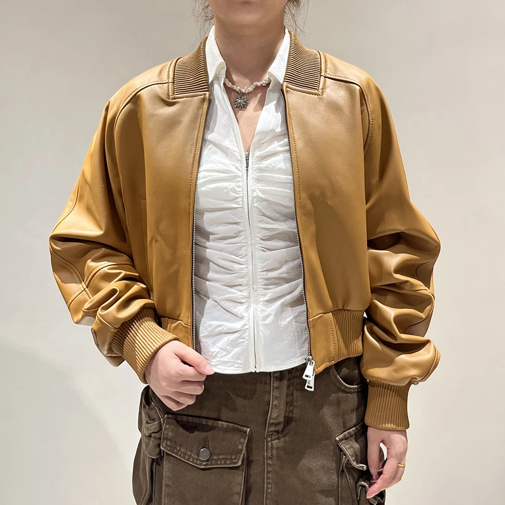 Jxwatcher Sheepskin Coat for Women 2026 Fall New Arrival Loose Fit Real Leather Jacket Fashionable Stretch Ribbed Patchwork Coat