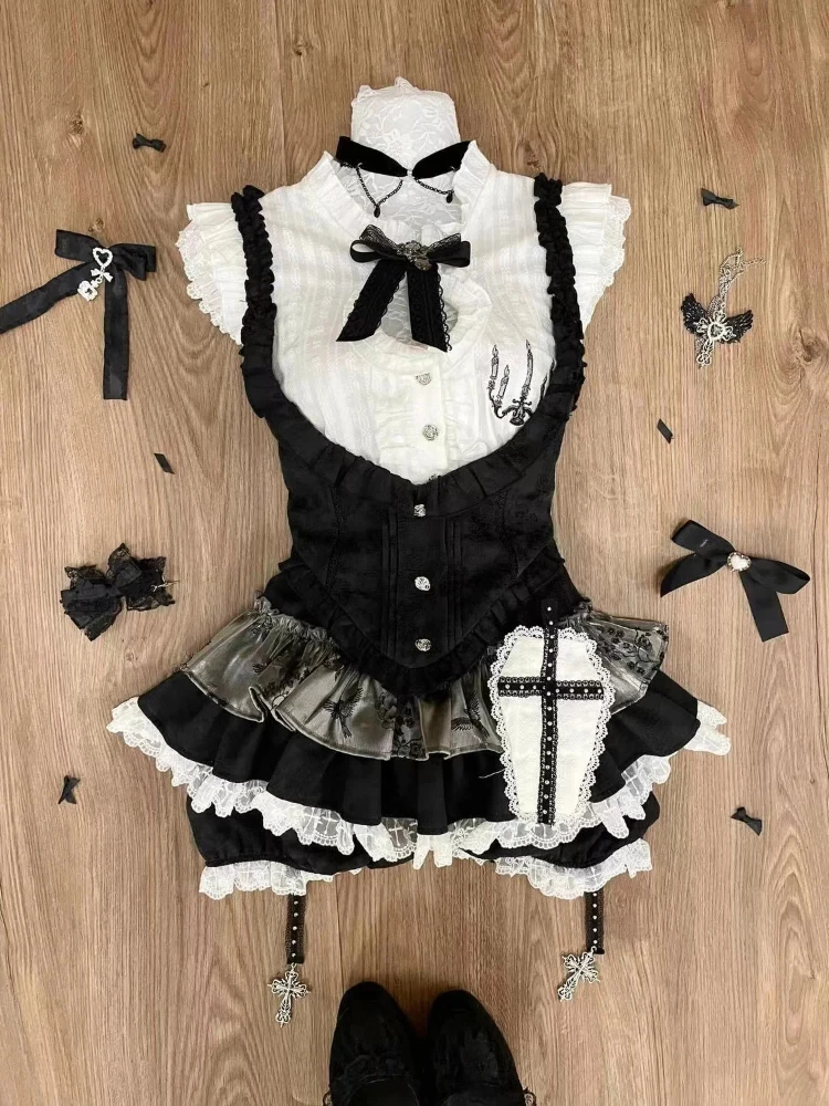 Japanese Sweet Preppy Style 2 Piece Set Women Kawaii Lace Patchwork Bow Tops + Y2k Plaid Mini Skirt Elegant Fashion Outifits New - Image 6