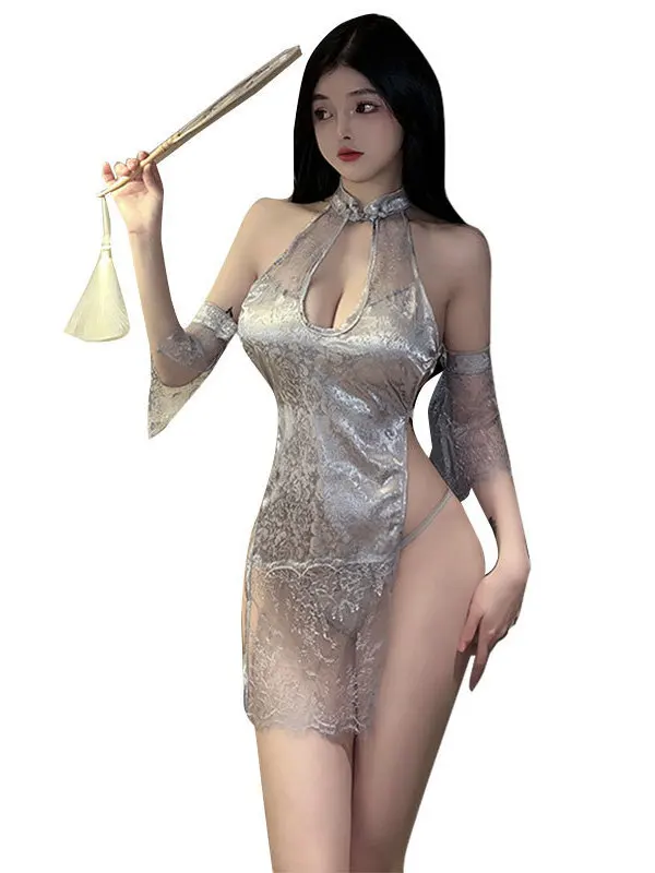 Neue Sheer Mesh Spitze Sexy Hängenden Hals Hohl Spitze Hohe Taille Split Cheongsam Uniform Kleid Elegante Hot Sexy Tops QV51