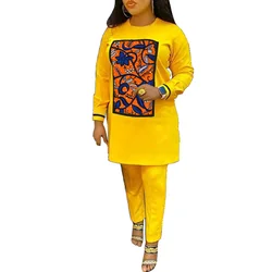 Custom Plus Size Women African Clothes Yellow  Shirts With Pants Nigerian Fashion Lady's Outfits Tailored Festival Wear