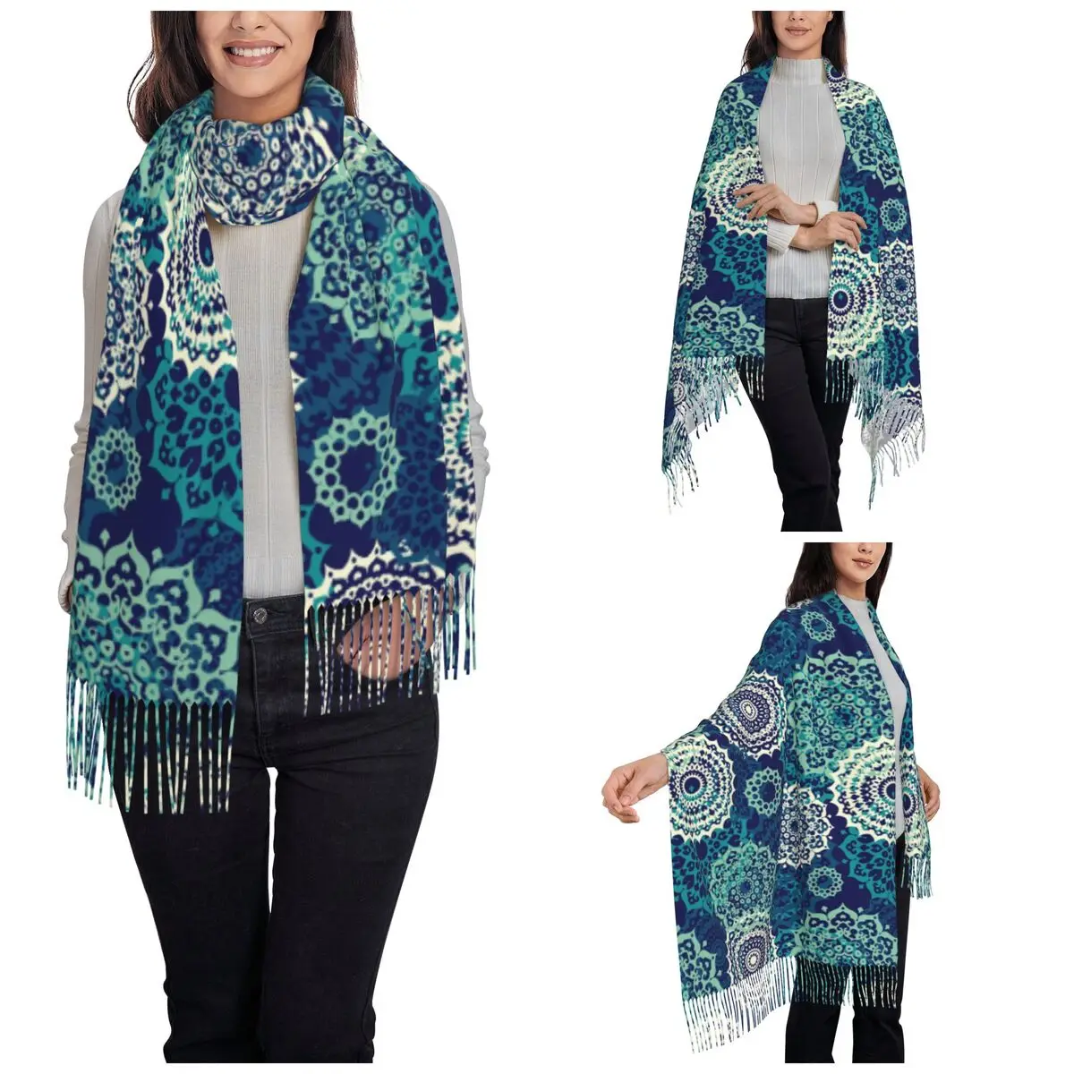 Teal Green Mandala Aesthetic Shawl Wrap Womens Warm Long Soft Scarf Boho Turquoise Mandalas Neckerchief Tassel Scarves