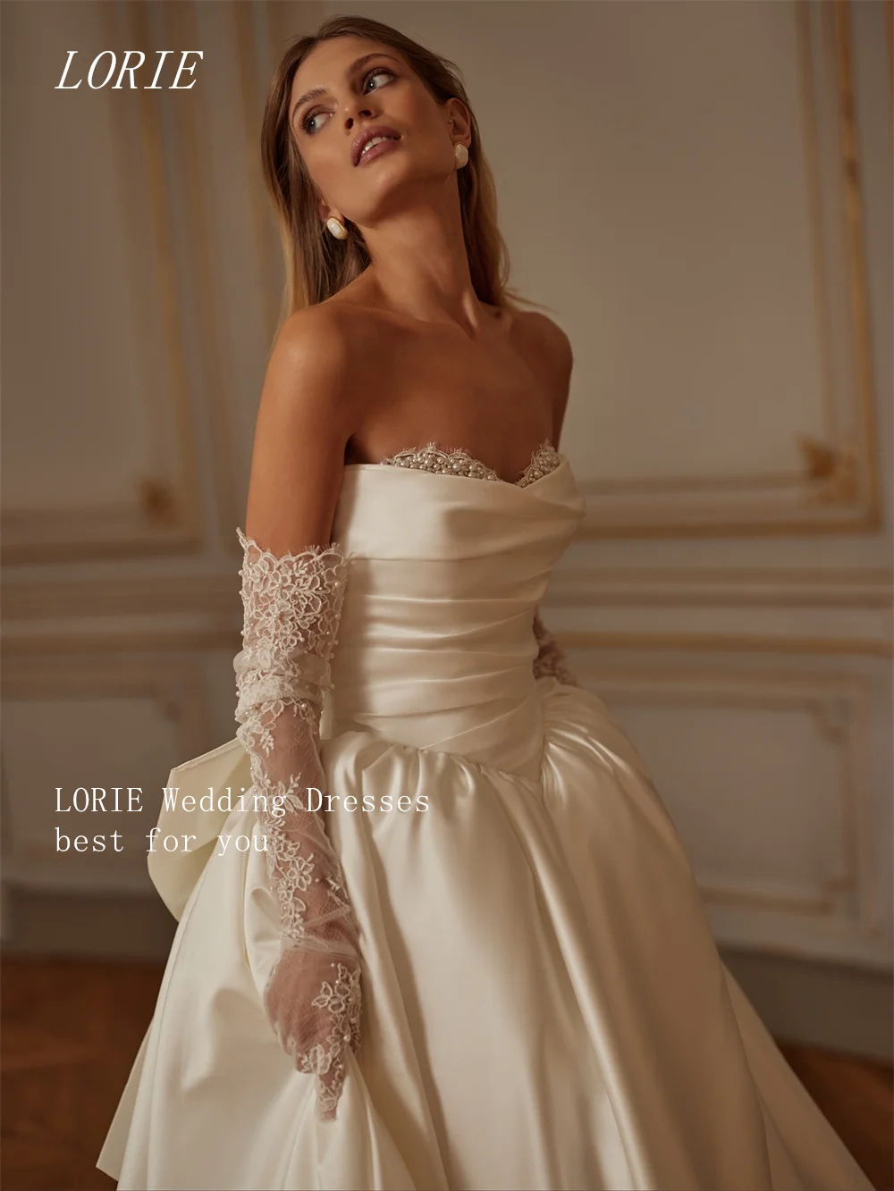 LORIE Luksusowa suknia ślubna w kształcie litery A z koralikami, kokardą, bez rękawów, aplikacjami i koronką, szyta na miarę, kolekcja 2026