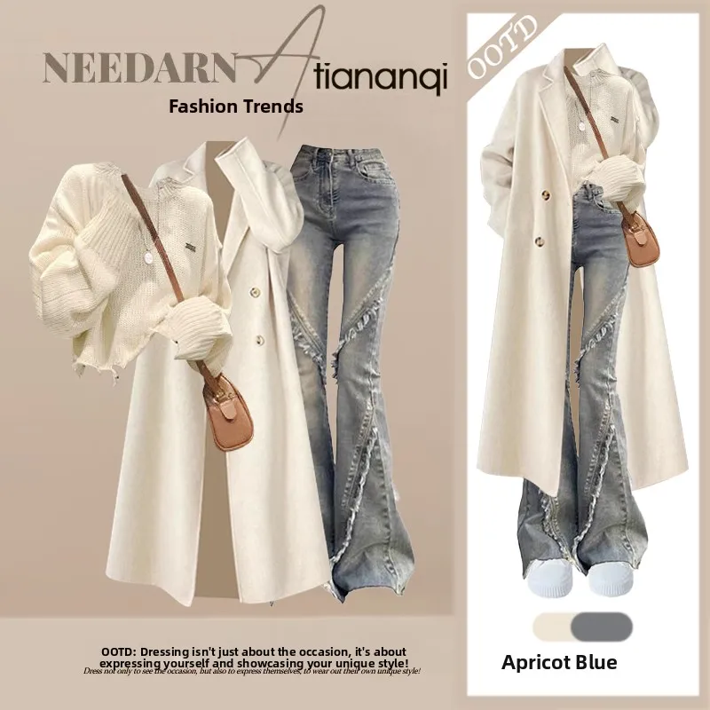 

Elegant Knitted Long Coat And Slimming Flared Jeans Three-Piece Set for Women Korean Style Autumn Fashion Casual Wear