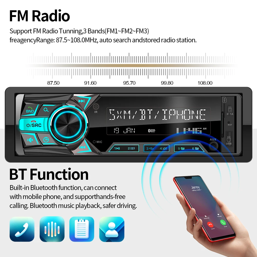 1 DIN Car Radio Universal MP3 Player Audio Multimedia FM Radio Bluetooth EQ Support AUX USB SD Card