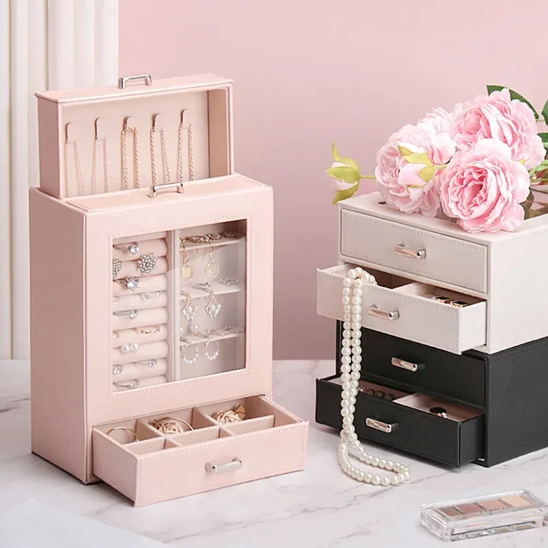 

Jewelry Box Exquisite Drawer Box PU Ring Earrings Necklace Storage Box Large Capacity Organizador Joyero