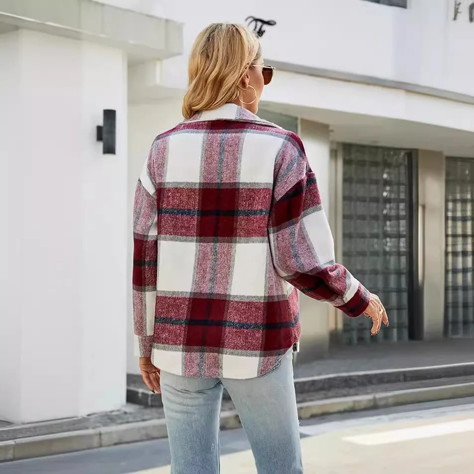 Independent Filming Of 2024 Women\'s Autumn And Winter New Plaid Jacket Casual Loose Pocket Woolen Shirt Jacket