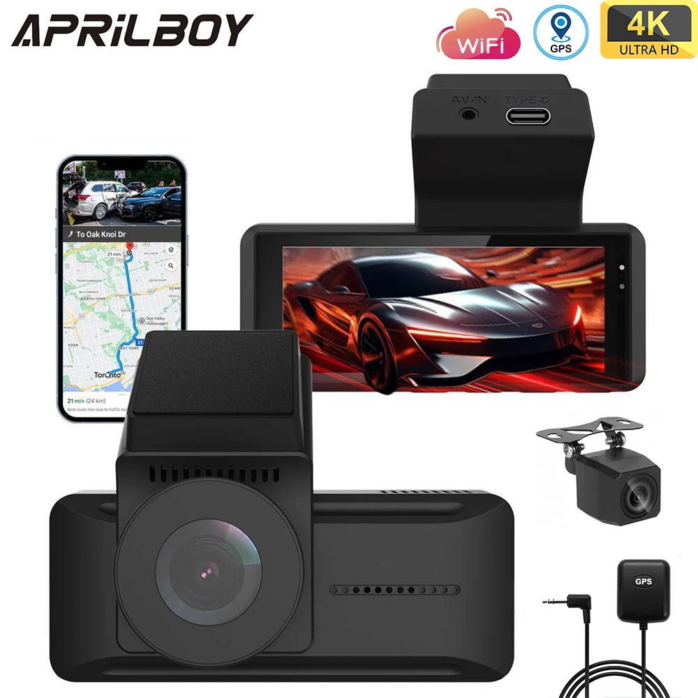 

Aprilboy 4K WIFI Dash Cam Front Camera Dual Lens Dashcam Car DVR Video Recorder with GPS Night Vision 24H Parking for Car