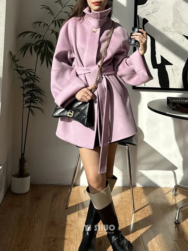 RosEvans Coat Women Winter Jacket Taro Purple Double Sided Wool Cashmere Coat Short Standing Neck Lace Up Wool Coat Women 2023