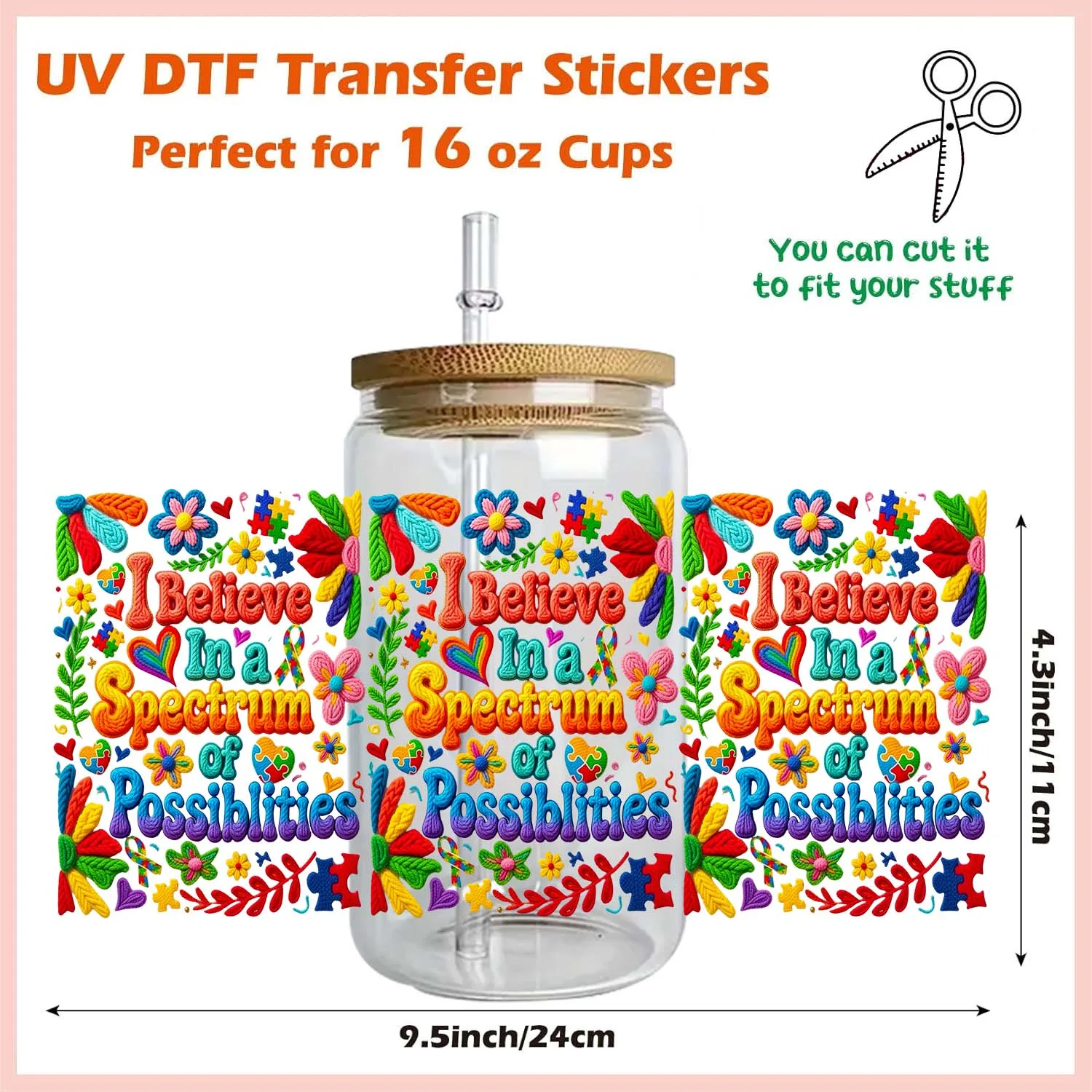 Autism series UV DTF easy peel waterproof Party DIY Decals 3D transfers uvdtf tumbler seal stickers 16oz uv dtf cup wraps view 6