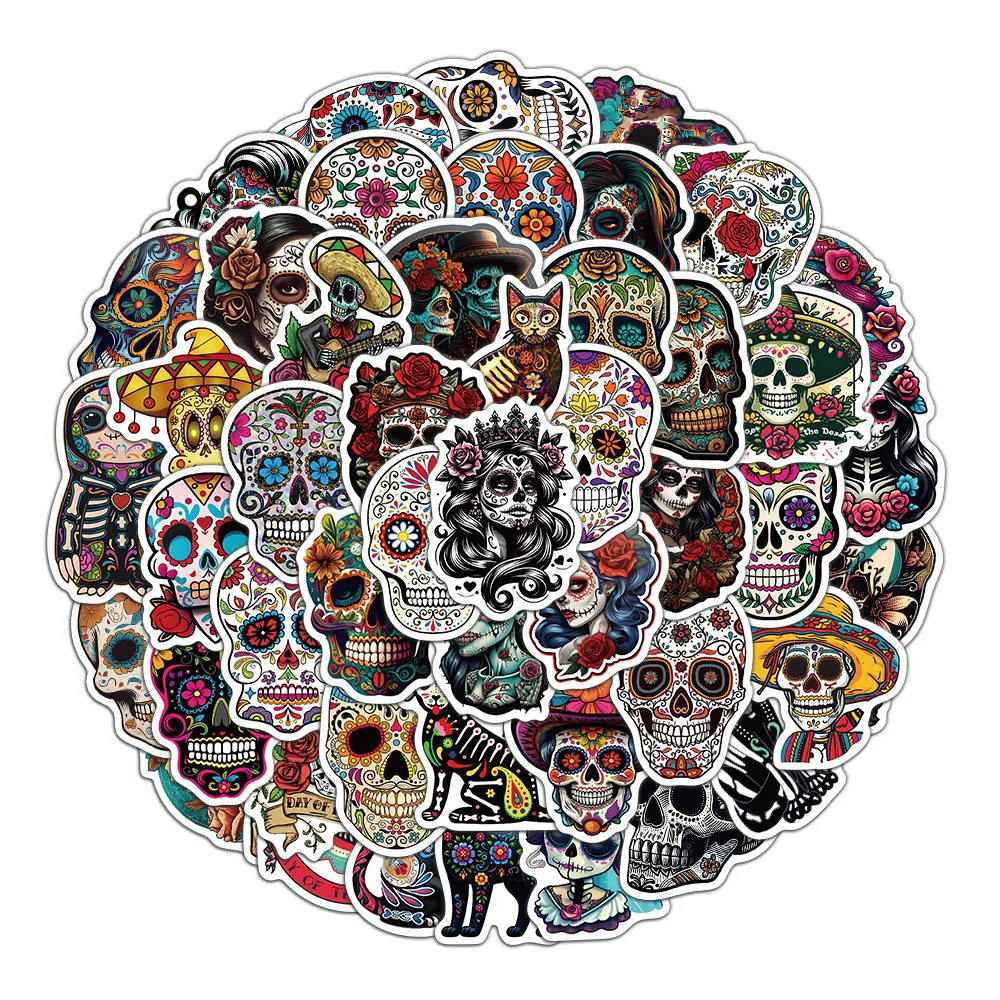 50PCS Cartoon Skull Scary Waterproof Decorative Stickers Day of the Dead Decorative DIY Stickers