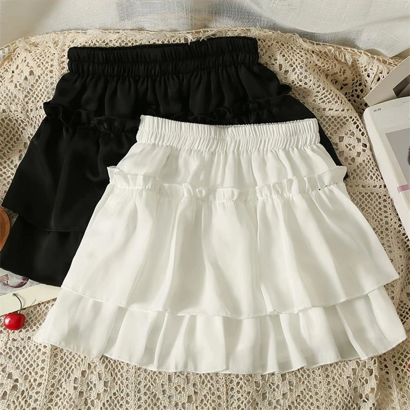 

Summer Kawaii White Ruflles Skirt Women Fashion Slim Fit Chiffon Mini Skirts Giris Y2k All Match Elastic High Waist Black Faldas