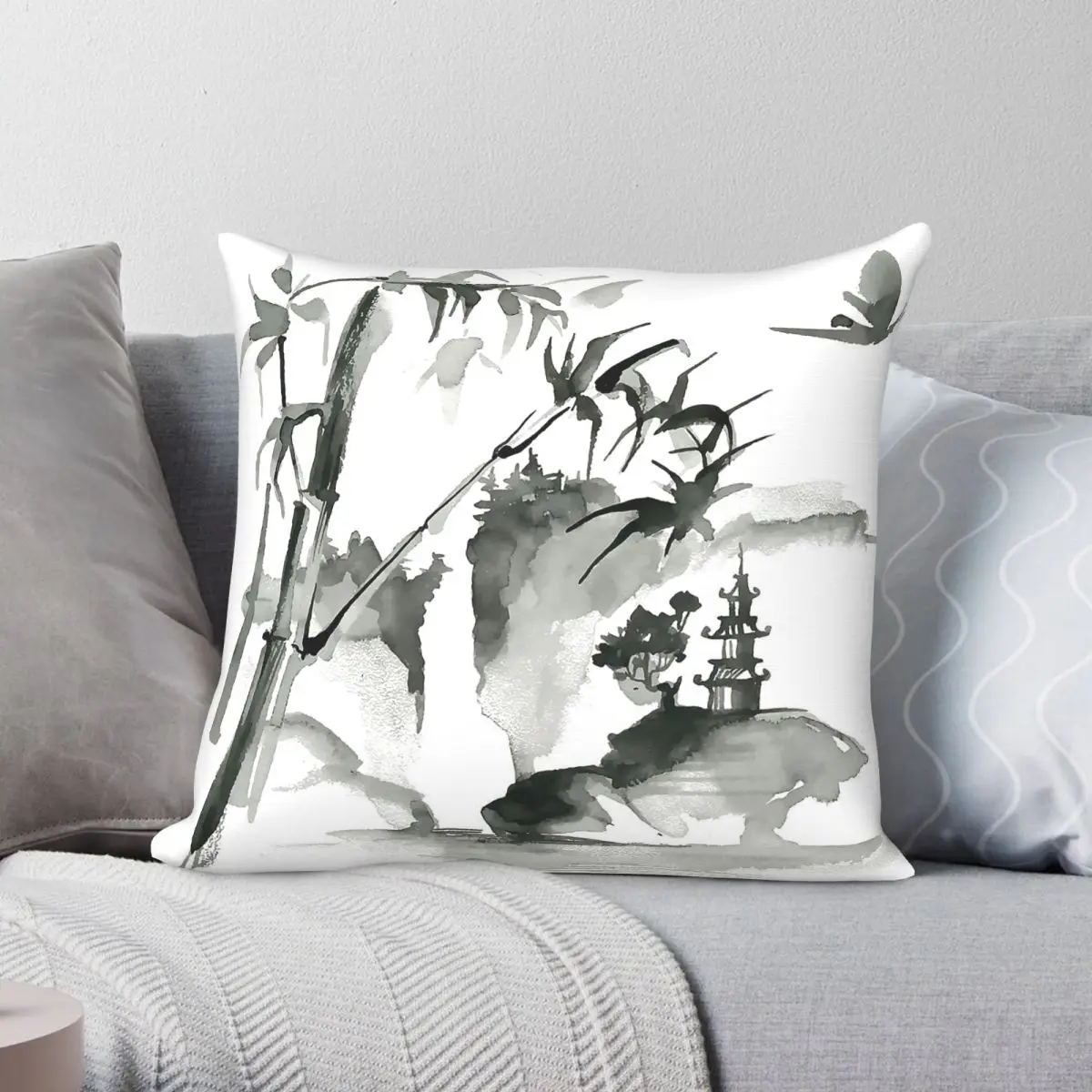 Sumi-E Bamboo Japanese Square Pillowcase Polyester Linen Velvet Pattern Zip Decorative Sofa Cushion Cover 18
