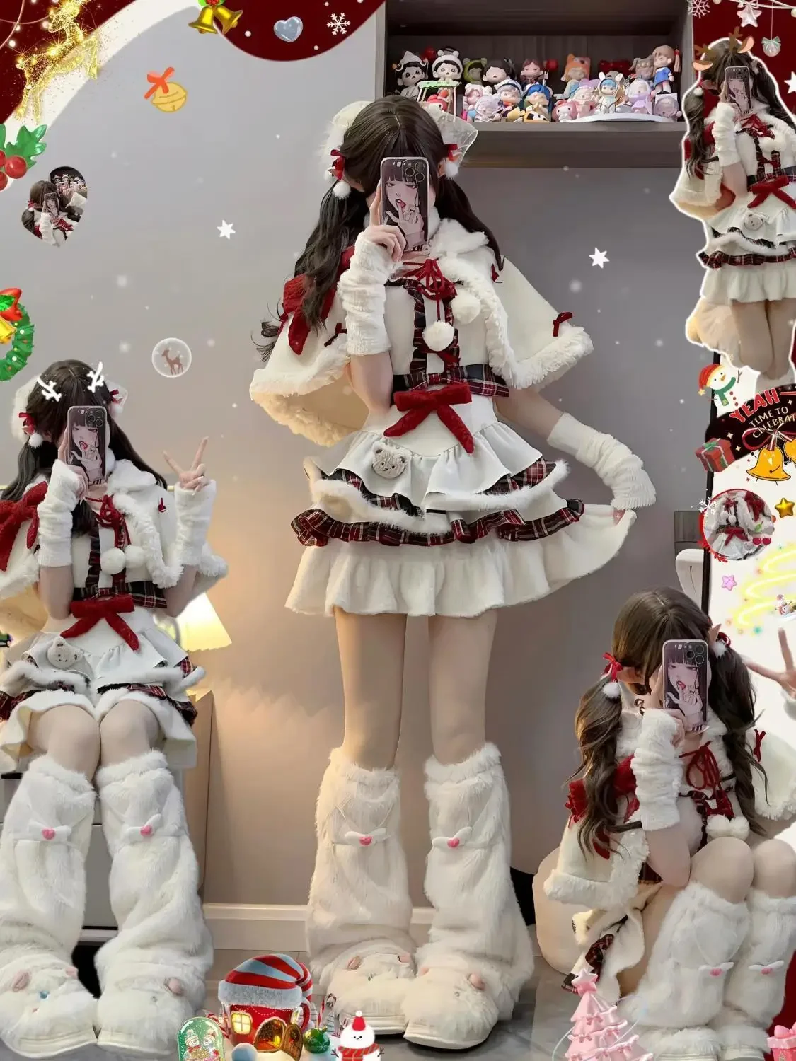 

Рождественский допамин для девочек, зимний новогодний кавайный халат, волосатая накидка в стиле Лолиты, клетчатое лоскутное платье с милым бантом, комплект из 3 предметов
