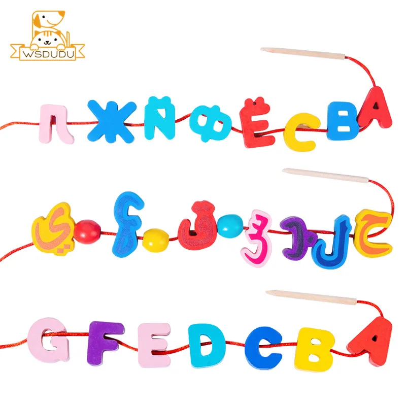 Lacing Beads Puzzle Toy Learning Russian Arabic English Alphabet Wooden Threading String Game Spelling Letter Blocks Child Gifts