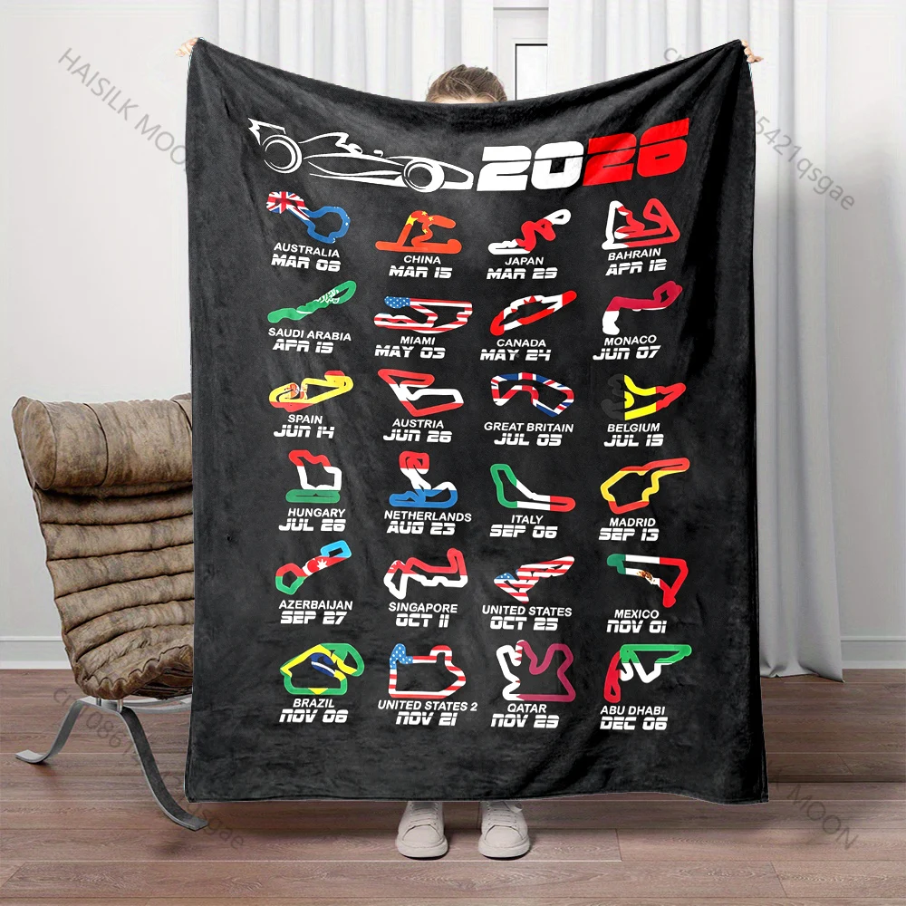 Various Styles Supercar Racing Schedule Print Flannel Material Suitable for Home Sofa Travel Camping Picnic Summer Beach Blanket