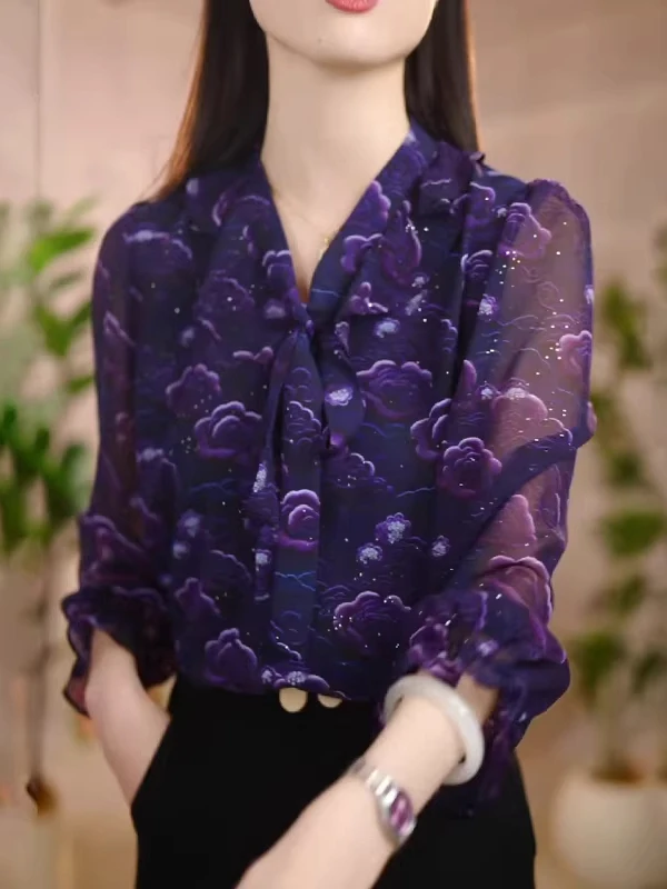 Elegante Camisa de Gasa para Mujer, a la Moda, Primavera-Otoño, Estilo Lujoso de Guangdong Puning, Juvenil y Moderno, Top de Fibra de Poliéster