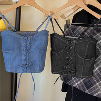 Puloru Spaghetti Straps Denim Cami Tops for Club Streetwear Womens Summer Sleeveless Tie Front Padded Cropped Vest Tops