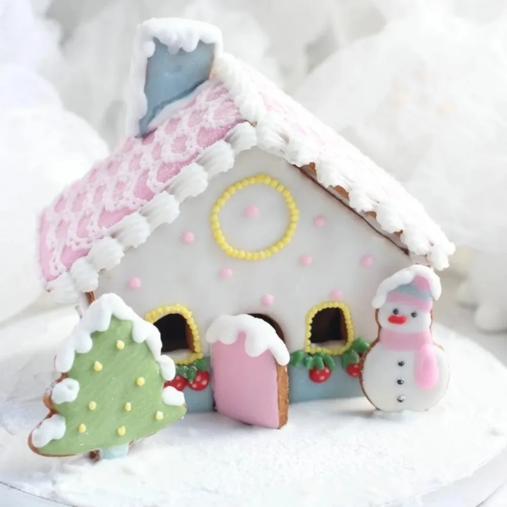 8pcs 3D Printed Christmas Gingerbread House Mold Plastic Cookie Cutter Set Cookie Mold Pastry Cake Stamp Baking Tool Additions