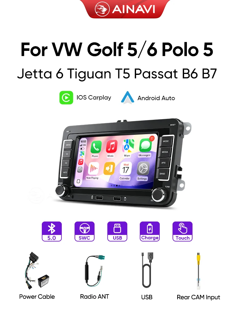 AINAVI 7 Zoll 2 Din Autoradio mit Wireless Carplay für VW Passat B6 B7 CC Golf 6 T5 Polo 5 Tiguan Jetta MK6 EOS Android Auto Multimedia SWC FM