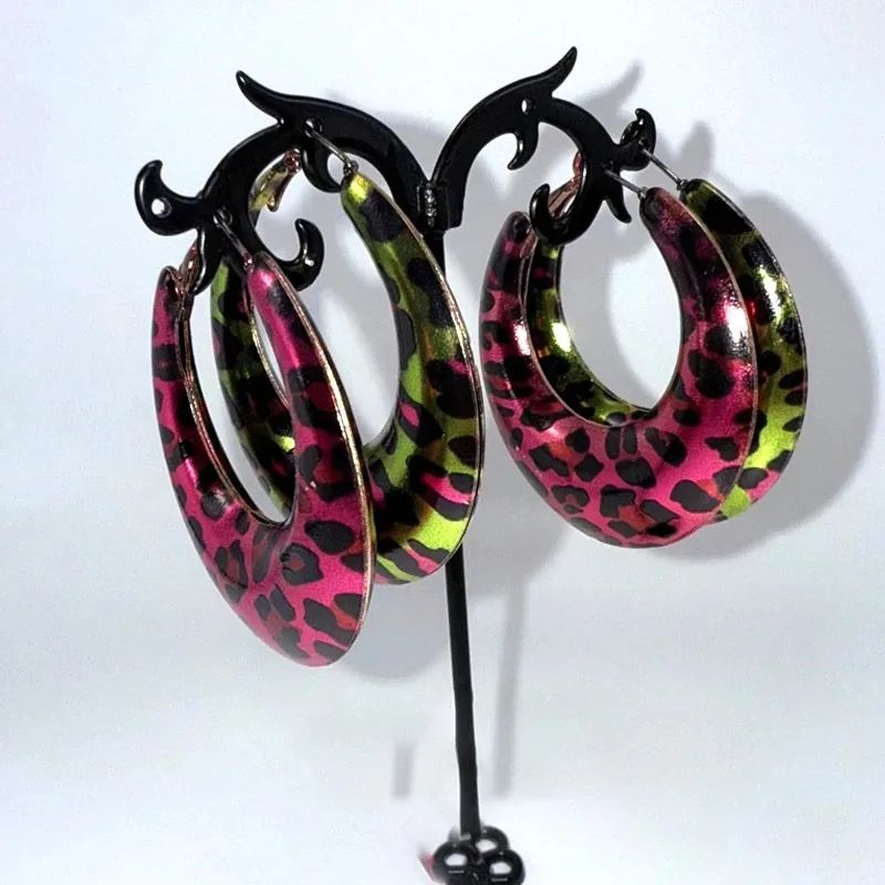 Grunge Rock Pink Leopard Print Punk Charm Earrings for Women Sexy Fashion Accessories Green Leopard Print Earrings Y2K Jewelry