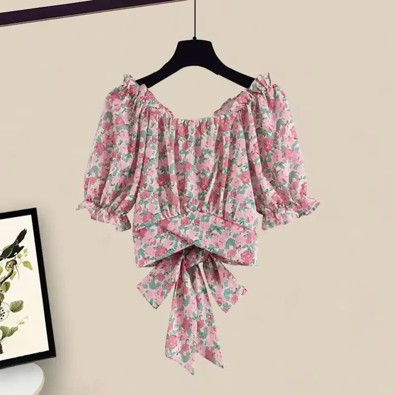 

Women Summer Sweet Pink Print Top Korean Puff Sleeve Bandage Floral Top And Side Split Retro