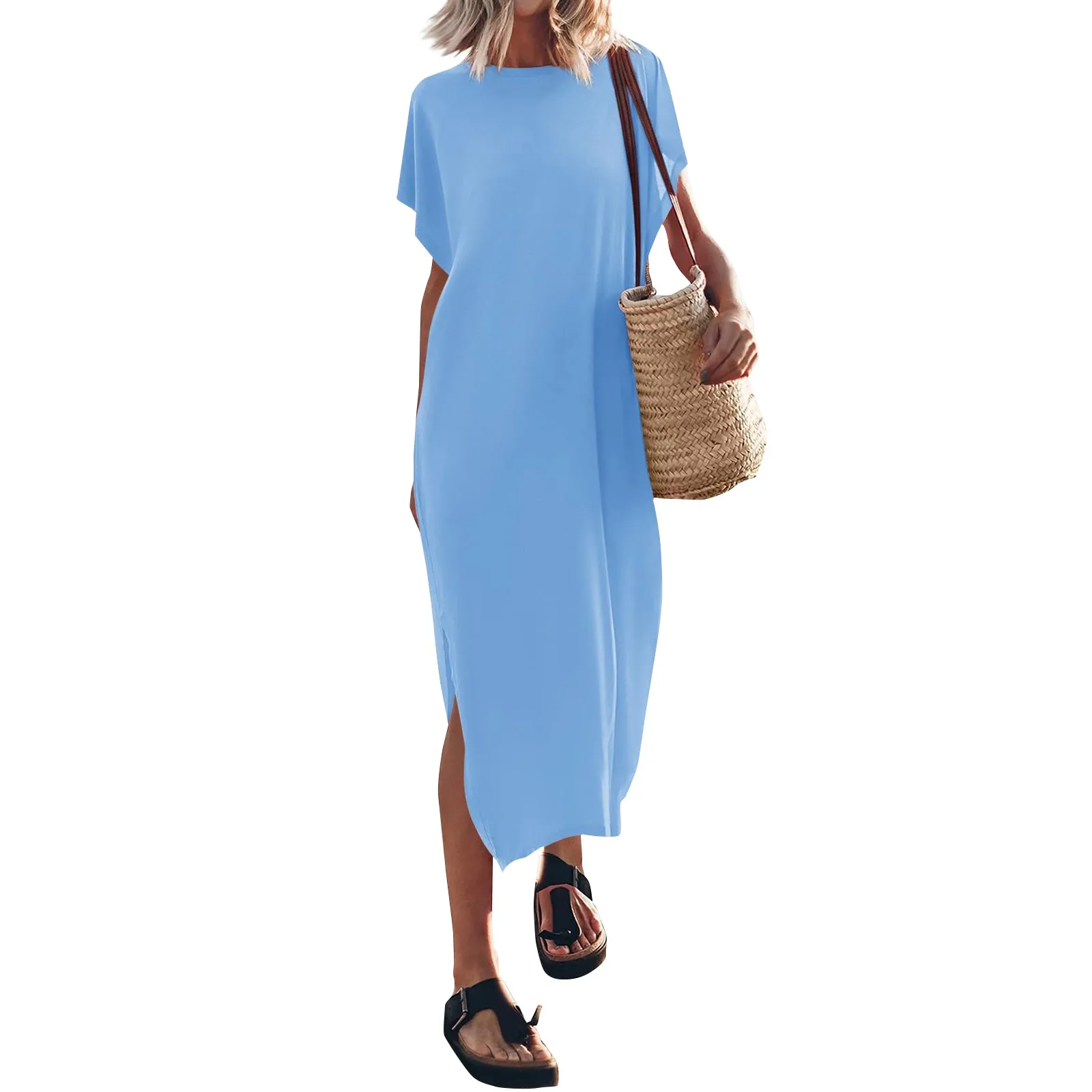 Women'S Summer Solid Color T-Shirt Long Dress Round Neck Casual Loose Split Dress Summer Dress Vestido Feminino Formal Dresses
