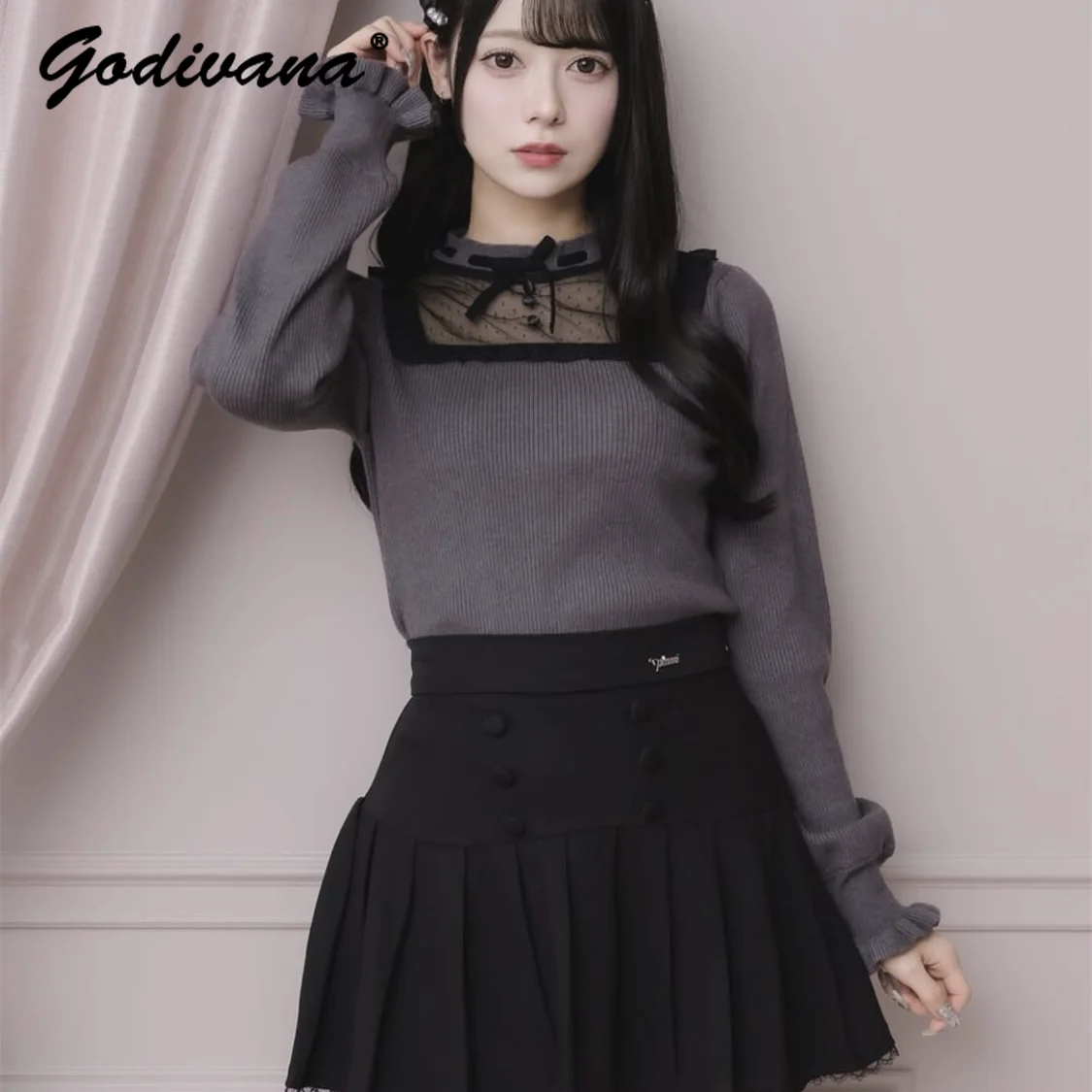 

Japanese New Autumn and Winter Women's Elegant Mesh Lace Patchwork Bow Pullover Sweater Sweet Knitted Tops