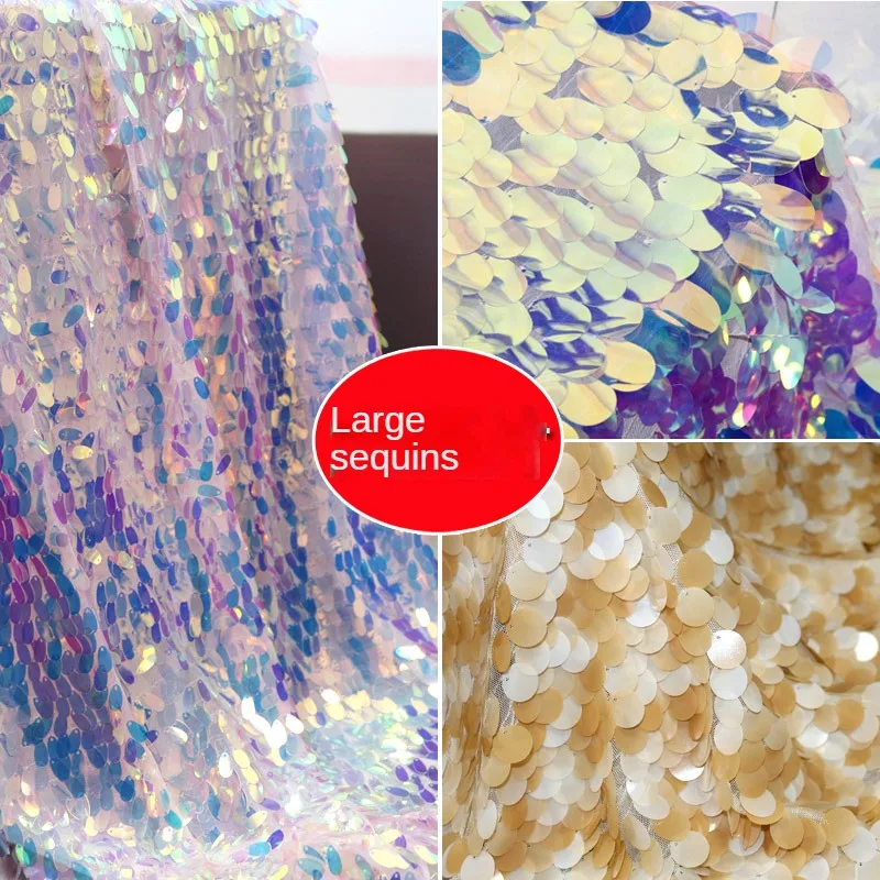 Large Sequin Fabric 18mm Gold and Silver Fish Scale Sequin Fabrics for Diy Sewing Party Dress Background Decoration Cloth