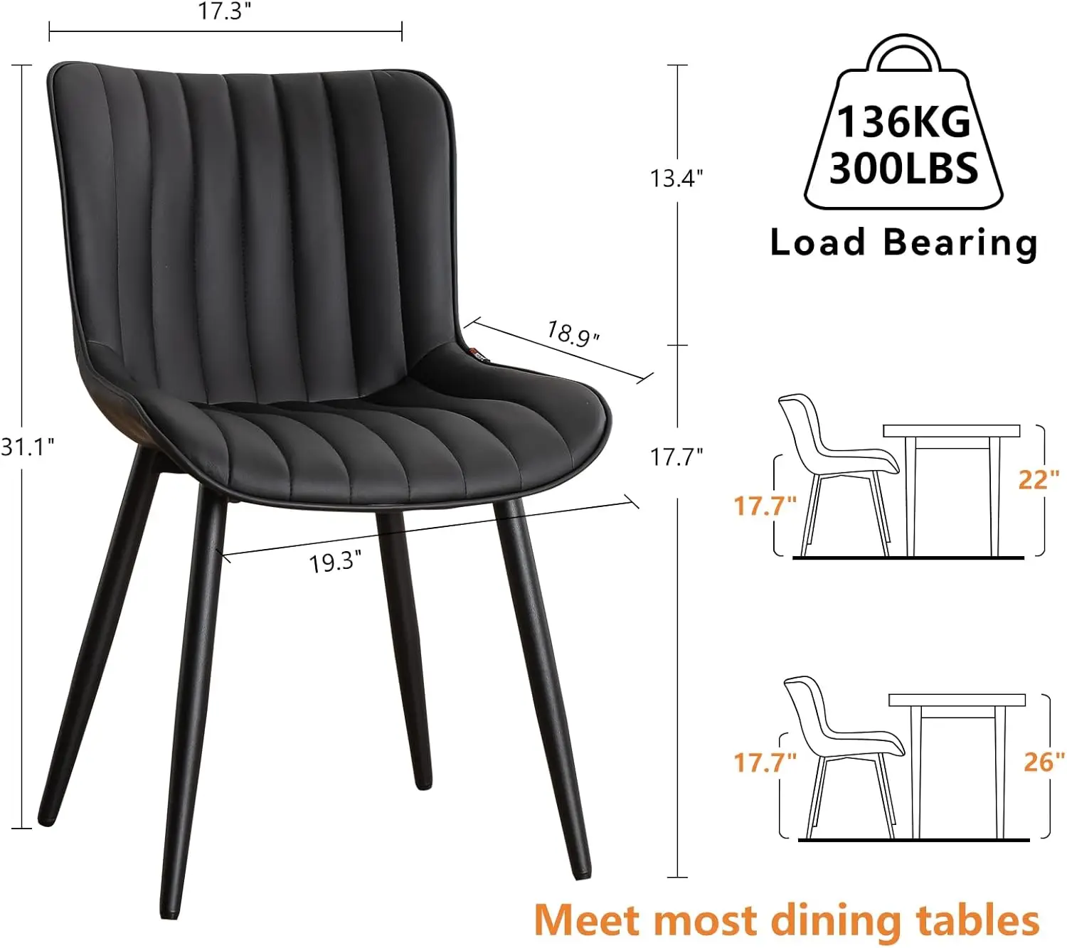 Black Dining Chairs Set of 2 Upholstered Mid Century Modern Kitchen Chair Armless Faux Leather Accent Dinning Side Chairs