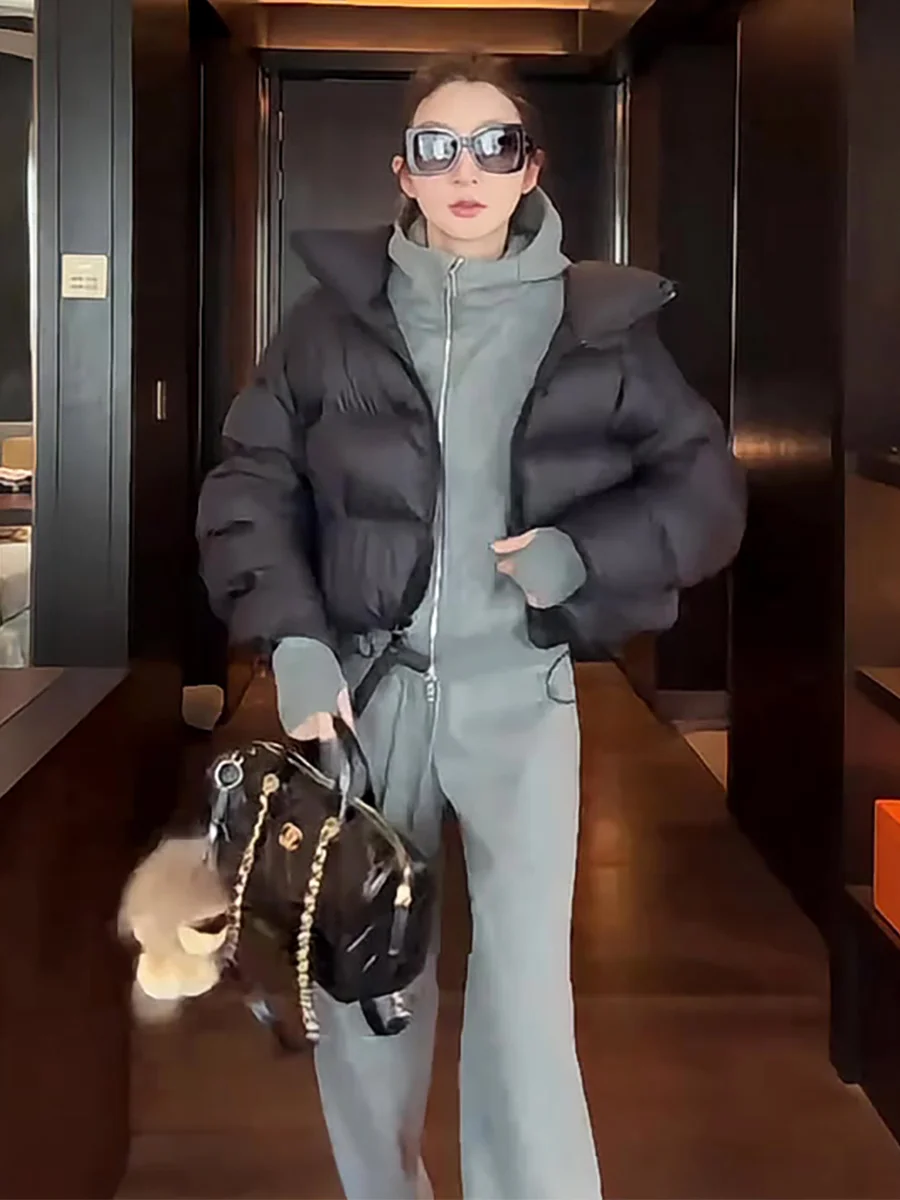 

Kendall Jenner Inspired Women's Puffer Jaet 90% White Du down Stand Collar Loose Fit Thiened Winter Outerwear Bla