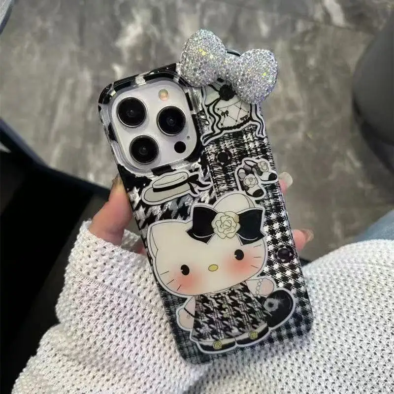 

Anime Peripheral Hello Kitty Diamond Bow Glossy Lined Phone Case for IPhone 17 Pro Max 16 15 14 Plus 13 Pro Girls Holiday Gift