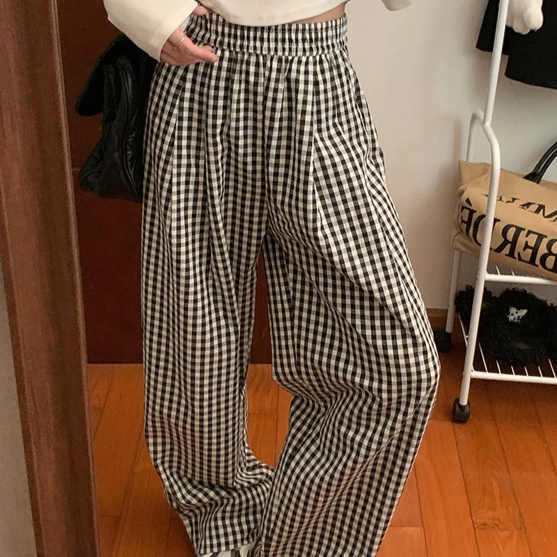 Korean Style Pants for Women Loose Plaid Ins College Casual New Fashion All-match Elastic Waist Full Length Cute Spring Summer