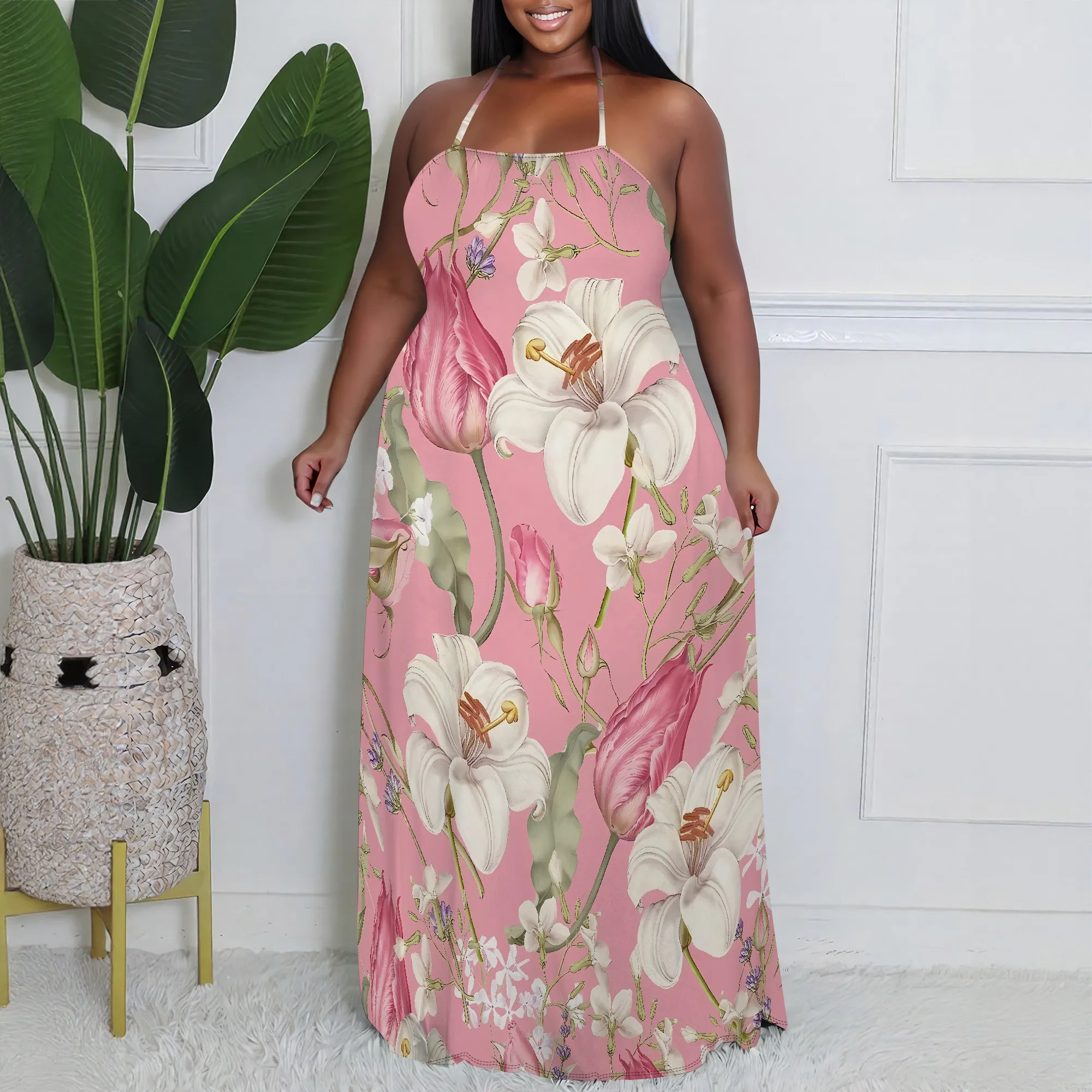 

EQQZD Stylish Sexy Halter-neck Dress Plus Size, Elegant & Beautiful Floral Print Maxi Dress for Women