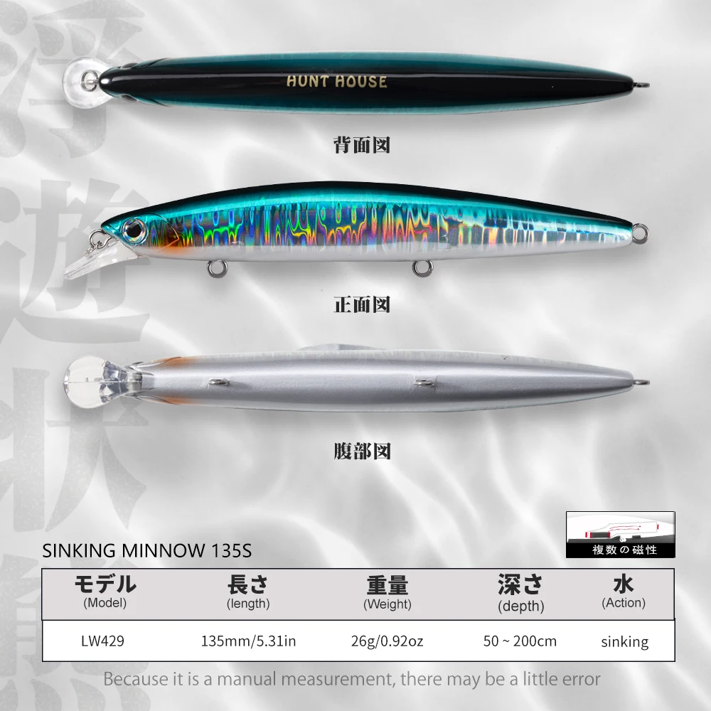 Hunthouse Fishing Sinking Jetty Minnow Lure 135mm/26g Wobbler Jerkbait Spinning Saltwater Hard Bait For Sea Bass Perch Pesca