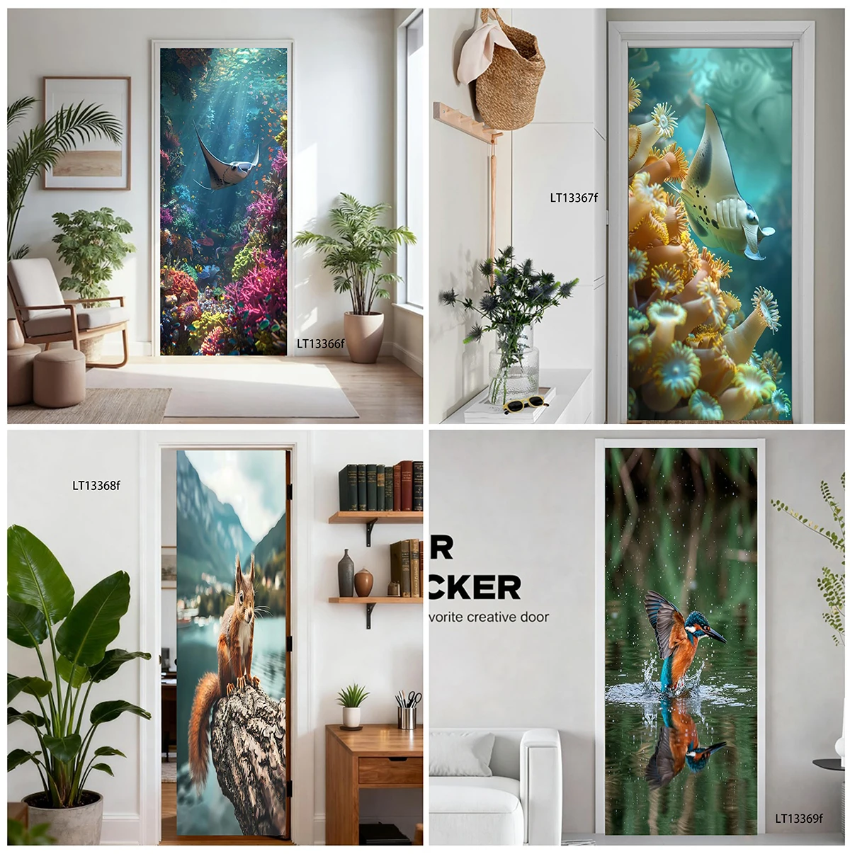 Peel Stick Vinyl Door Decal Fresh Tropical Green Plant Leaf Heron Fruit Mural Waterproof Door Wrap