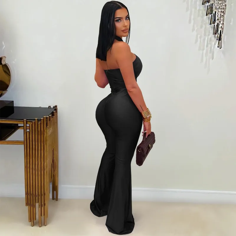 KEXU Fashion Women's Solid Color Halter Neck Wide Leg Jumpsuit Off Shoulder Sexy Cut Out Party Playsuit One Piece Suit Rompers