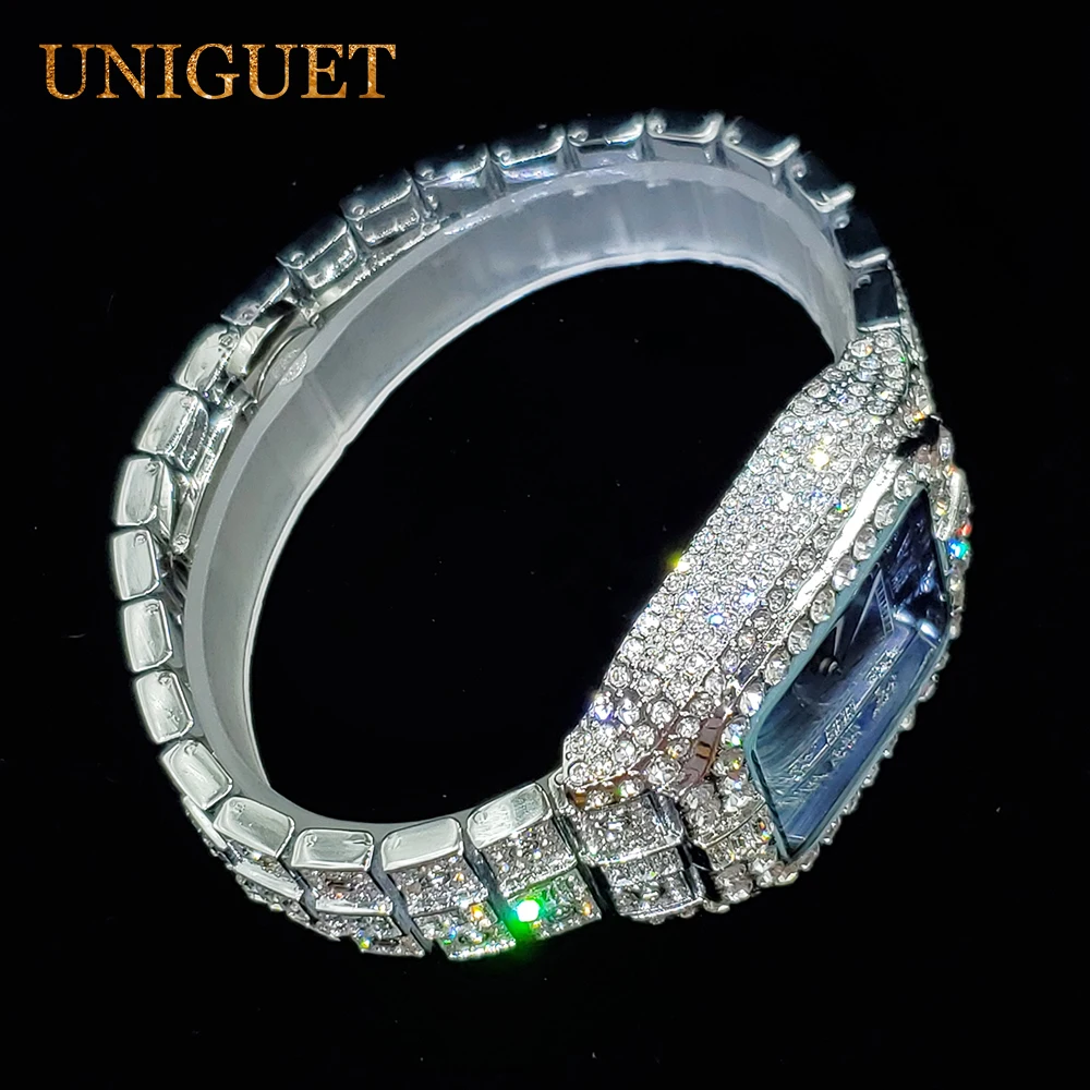 UNIGUET ساعات الماس للرجال الأزرق الوجه Luminou نقطة التقويم ساعة كوارتز رجالية فاخرة مثلج خارج ساعة الموضة دروبشيبينغ