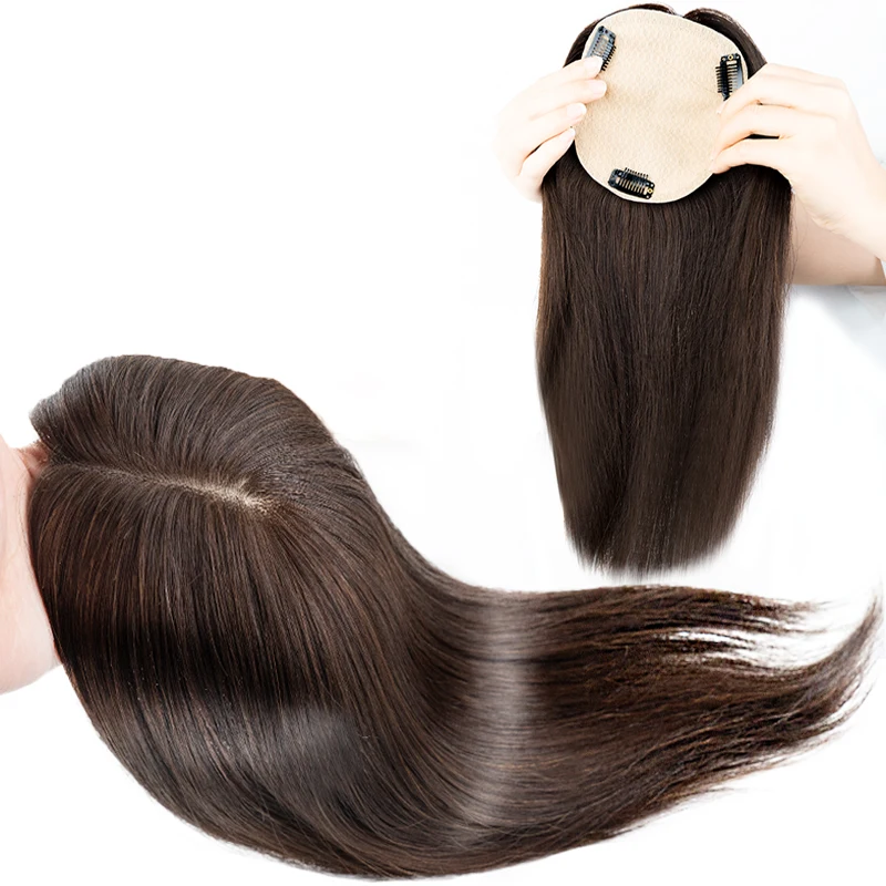 Skin Base Human Hair Topper With 3 Clips In Silk Top Virgin European Hair Toupee for Women Fine Hairpiece 12X13cm 15X16CM 1B