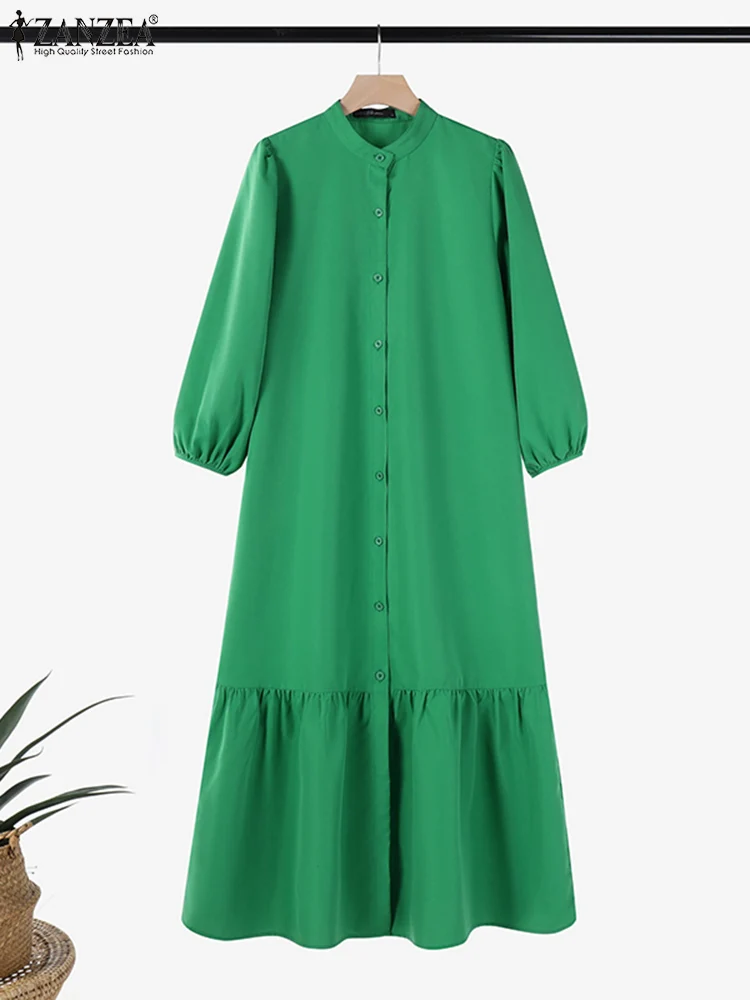 ZANZEA Puff Sleeve Elegant Maxi Dress 2025 Spring Solid Ruffled Hem Women Vestidos Stylish Loose Casual Stand Collar Shirt Dress