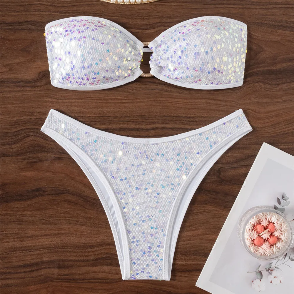 

Pink Shiny Glitter Mesh Bandeau Bikinis Sets Sexy Swimsuit Woman 2026 Metal Ring Swimwear High Cut Bathing Suit Bikini De Mujer