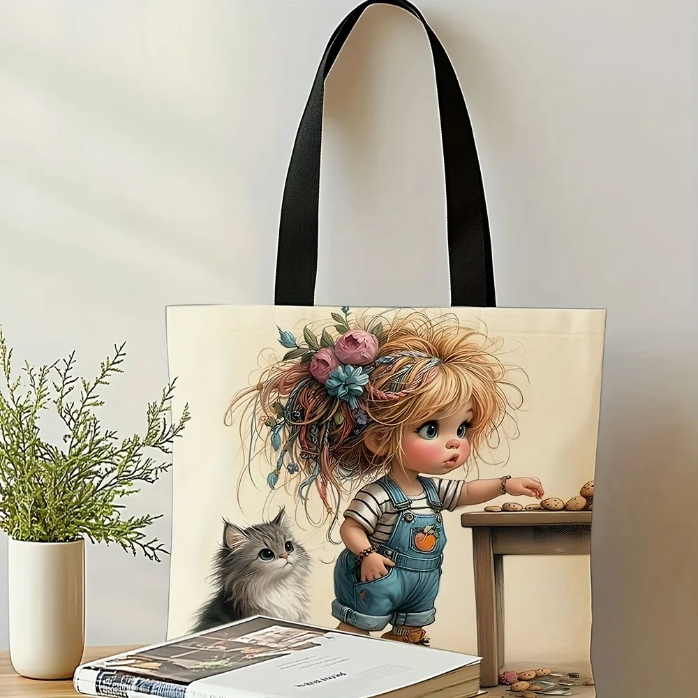 1pc Cute Cartoon Tote Bag Foldable & Reusable Shopping Bag with Adorable Girl & Cat Illustration Casual Ladies Pouch