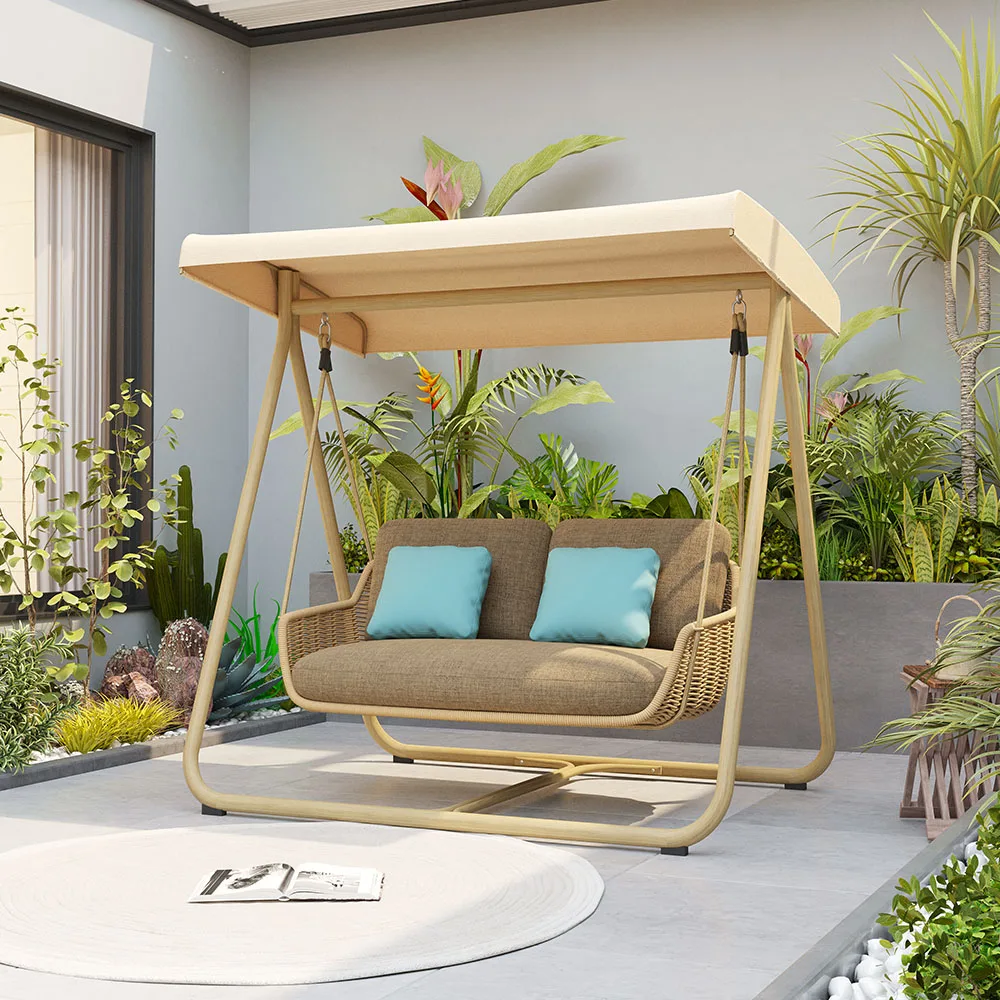 *Y- outdoor rope-woven porch swing, waterproof, rust-proof,  patio swing chair with stand and canopy for garden and courtyard