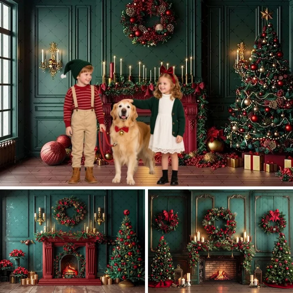 

Green Christmas Fireplace Gifts Photography Background Xmas Tree Children Family Portrait Decor Backdrop Photo Studio Supplies