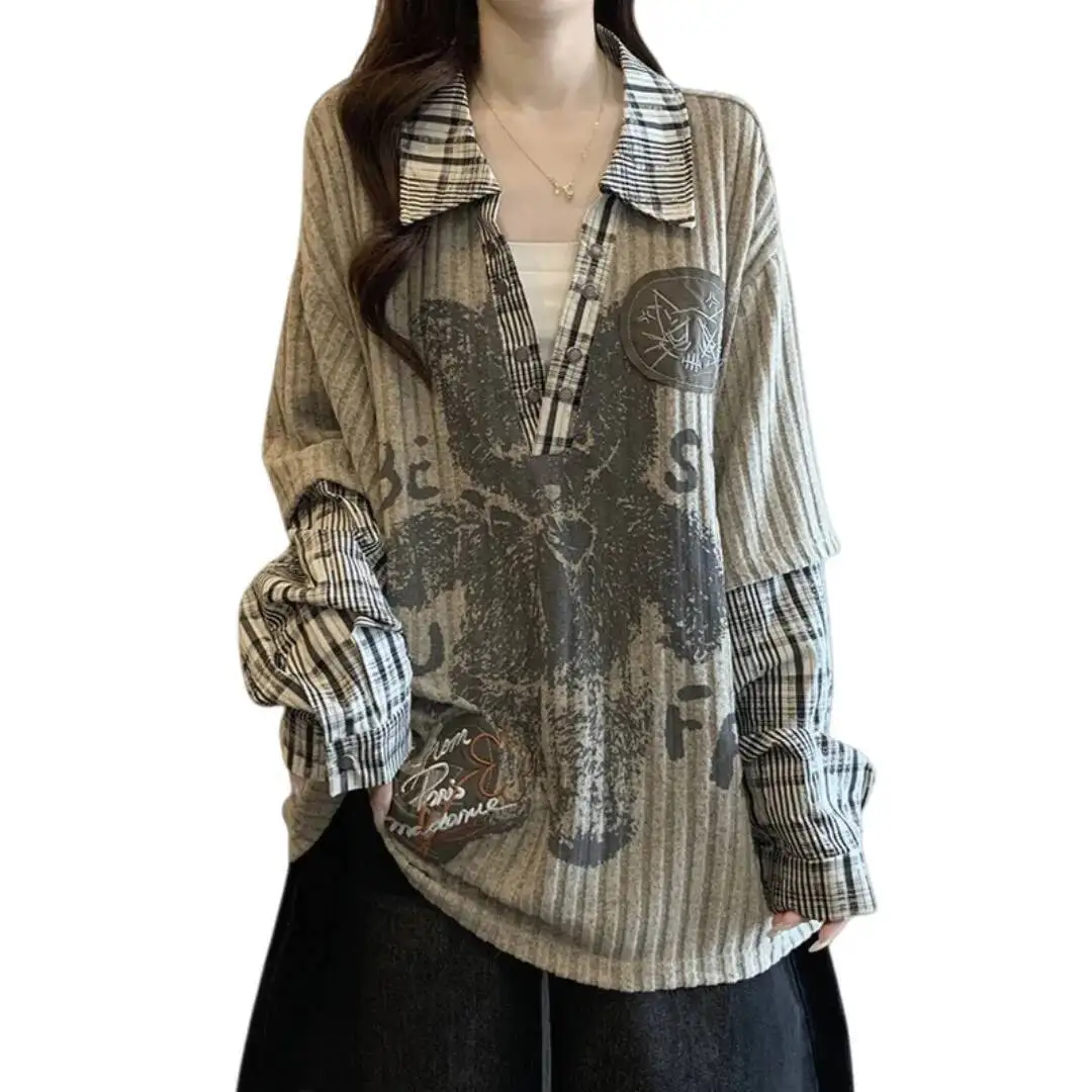 حجم كبير قمصان وهمية قطعتين طويلة الأكمام 2026 ربيع المرأة الحلو كول مطبوعة فضفاض الهيب هوب الخامس الرقبة القمصان