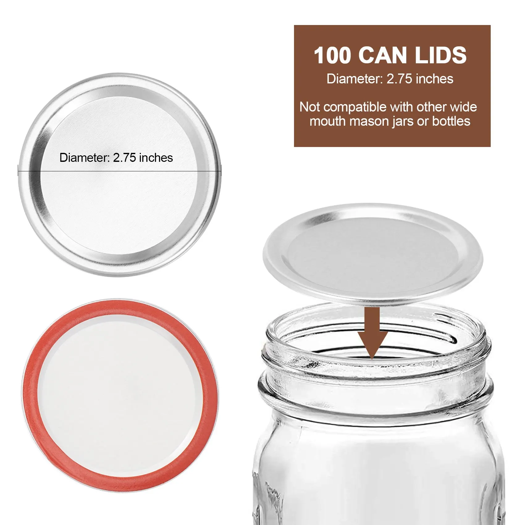 100 قطعة من أغطية تعليب الجرار ذات الفم العادي 70 مم، أغطية فضية من النوع المنفصل المقاوم للتسرب قابلة لإعادة الاستخدام مع حلقات أختام من السيليكون - VVBC