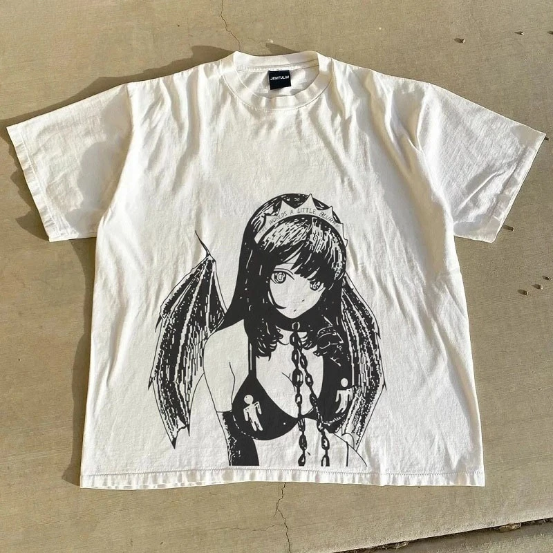Hiphop Anime Grafikdruck T-Shirt Übergroße japanische Casual Street Harajuku Tops Goth 2000er Jahre Y2k Kleidung Unisex T-Shirt