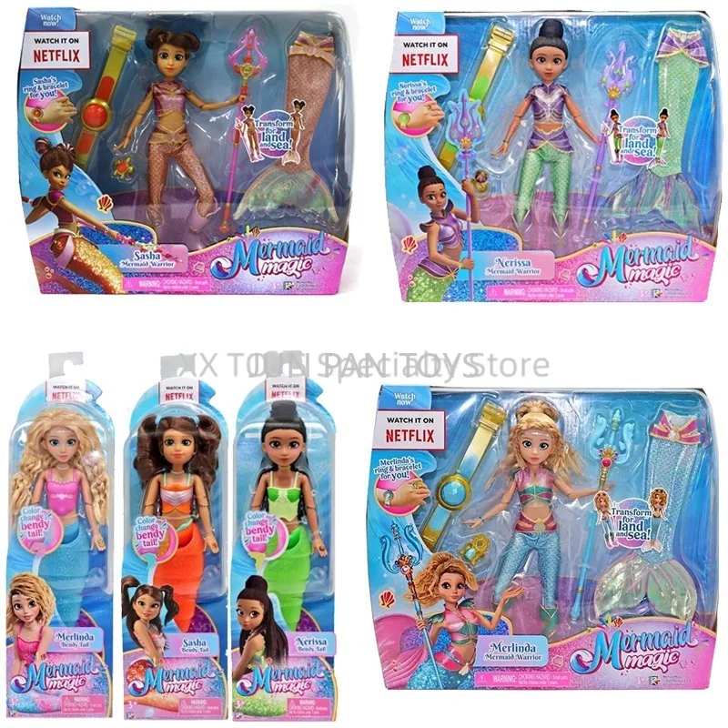 Boneca Original Netflix Sereia Guerreira Mágica Transformável Merlinda Sasha Nerissa com Tridente, Presente para Meninas, Brinquedos Infantis