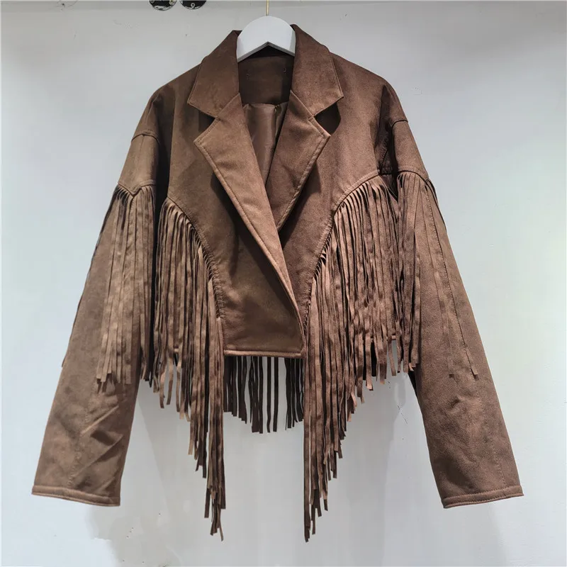 النساء فو سترات من الجلد الصلبة معاطف قصيرة شرابة رفض طوق طويلة الأكمام مغطاة زر فضفاضة تناسب الشارع الشهير 2025 الخريف