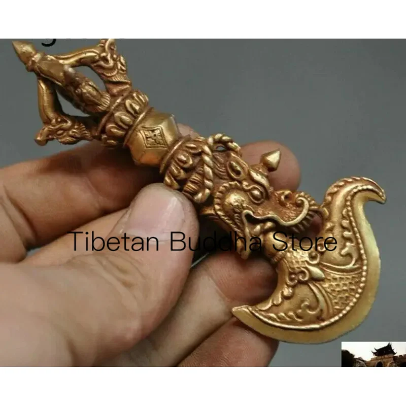 Rare Tibet Buddhism Bronze 24k Gold Gilt Hatchet Chopper Axe Vajra Dorje Phurpa